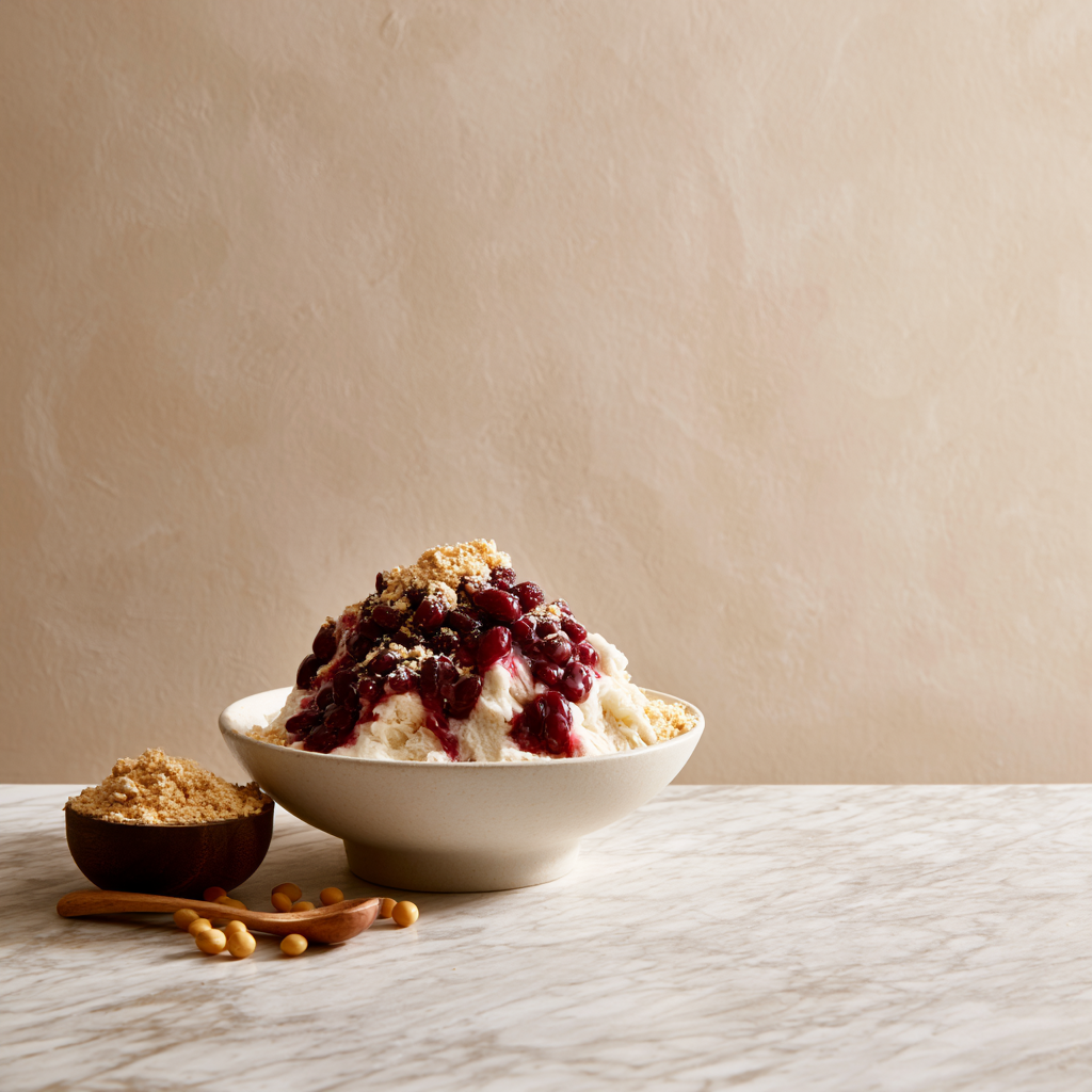 Korean injeolmi bingsu topped with roasted soybean powder and red beans